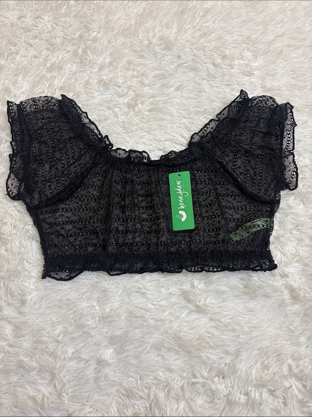 NWT Honeydew Intimates Black Lace Short Sleeve Cropped Lingerie Top Size S